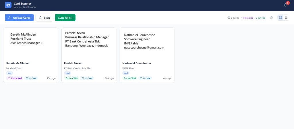 The After Networking dashboard showing scanned business cards extracted into contact records.